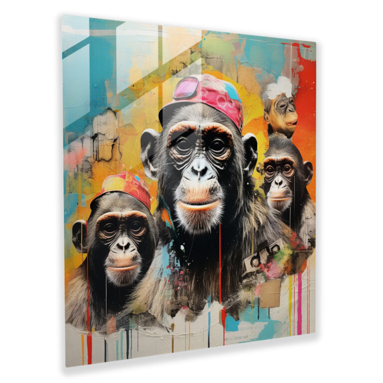 3 Monkey Mixed Media Glass Print - 3 Monkey, Vivid Colors, Glass Art, Glass Print