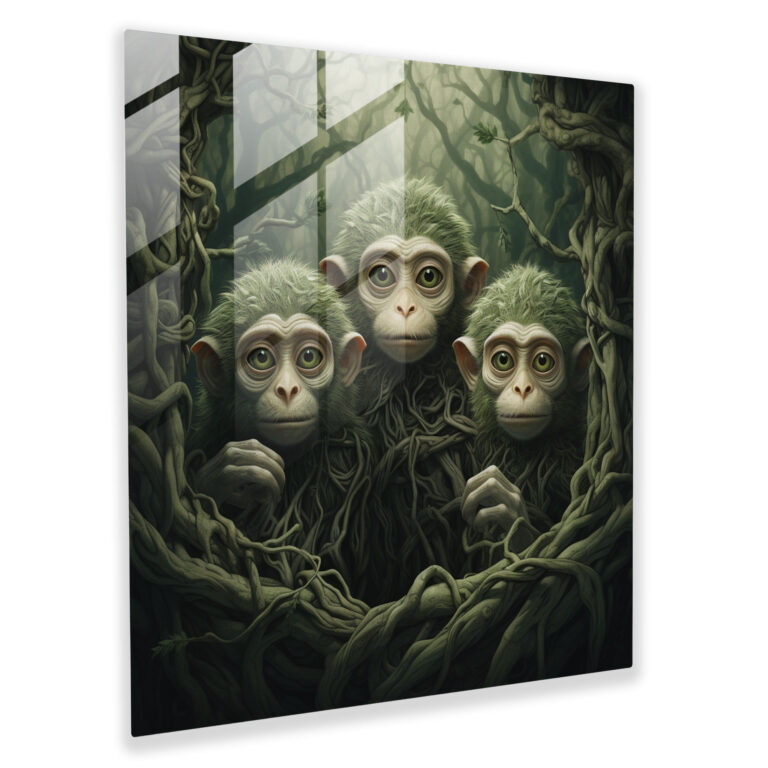 Three Monkey Glass Wall Art - 3 Monkey, Surreal Artwork, Mystical Forest Background, Curiosity