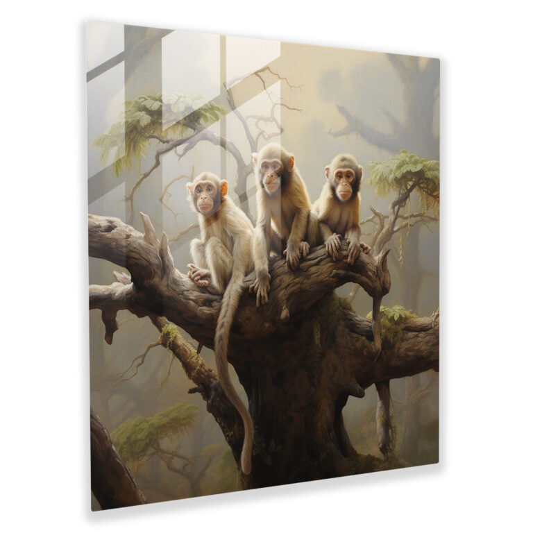 3 Monkey Glass Print - 3 Monkey, Serene Landscape, 3 Monkey, Glass Wall Art
