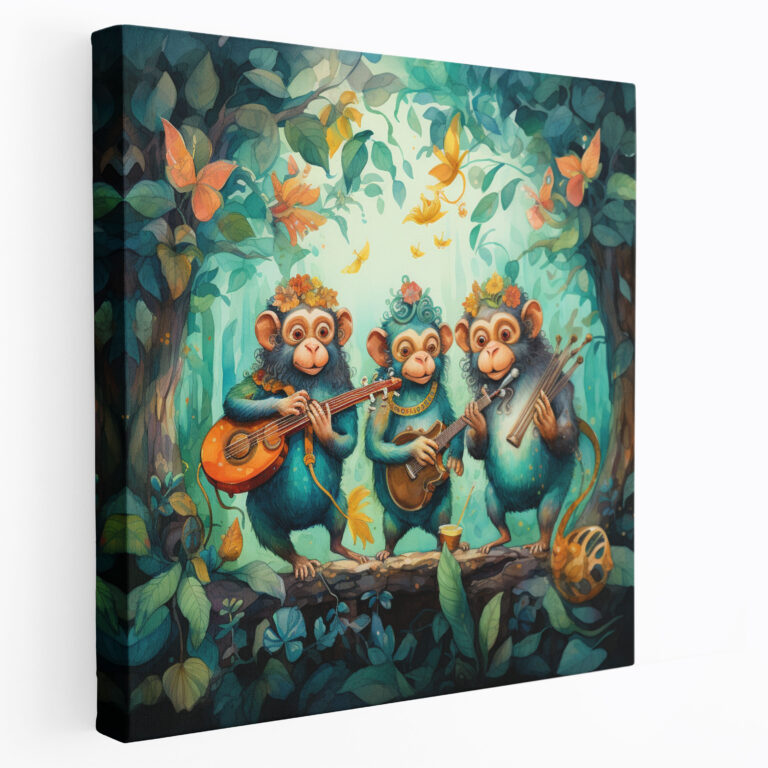Musical Monkey Trio Canvas Print - 3 Monkey, 3 Monkey, Watercolor Illustration, Whimsical