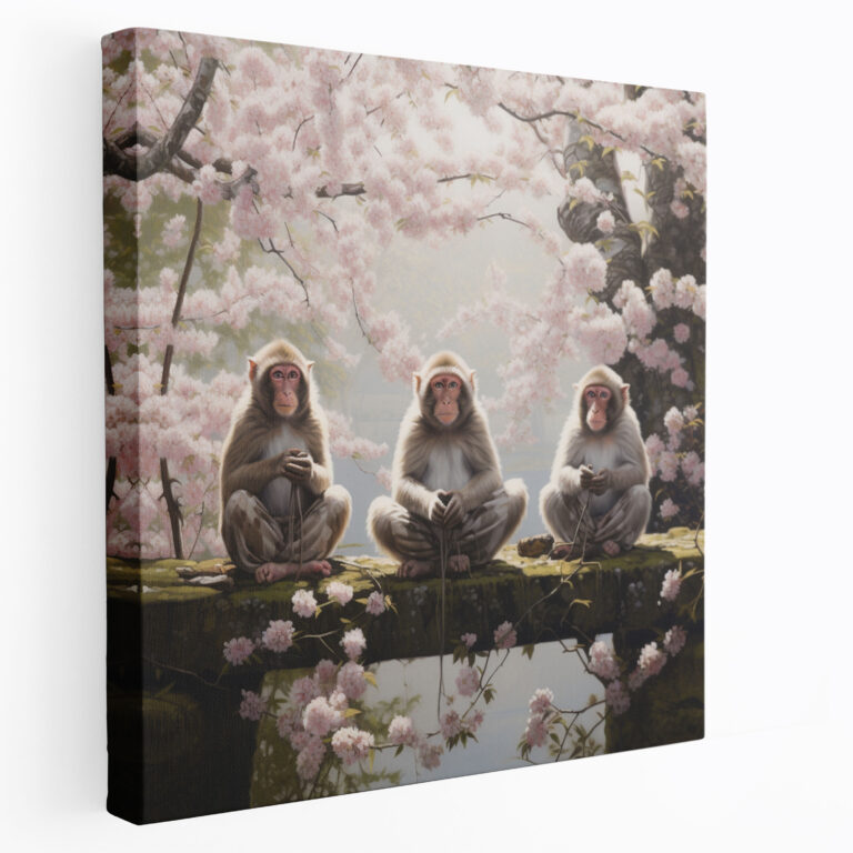 Zen Monkeys Canvas Print - 3 Monkey, Canvas Wall Art, Home Decoration, Cherry Blossom Trees