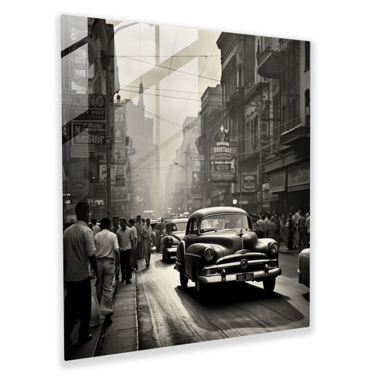 Vintage Street Life Glass Print - Nostalgic Black and White Photography - Home Decoration