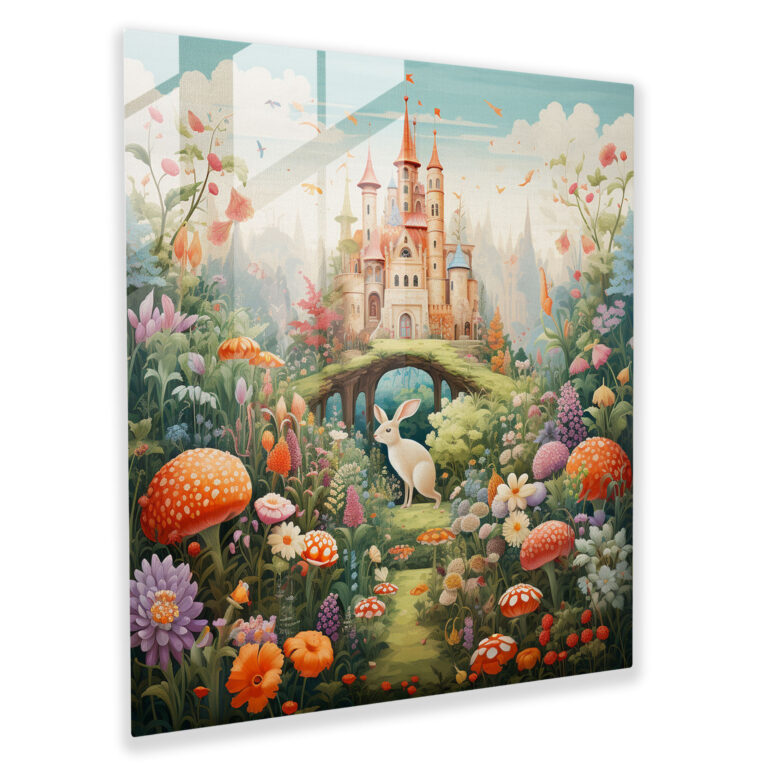 Enchanting Glass Print of Whimsical Illustration with Adorable Animals and Vibrant Flowers - Wall Decor