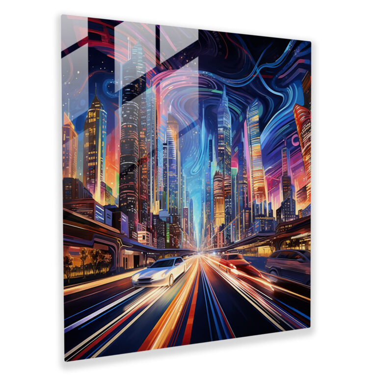 Metropolis Impressions Glass Print - Futurism Cityscape Glass Wall Art