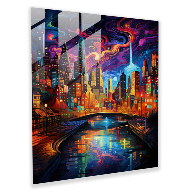 Mesmerizing Glass Print: Psychedelic Neon City Skyline Glass Wall Art