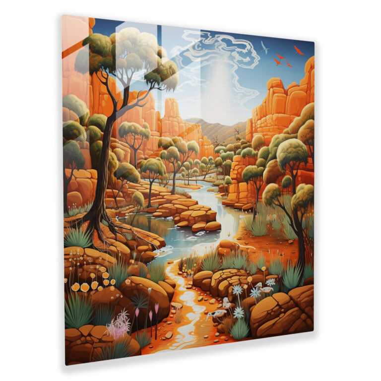 Outback Serenity Glass Print - Aboriginal, Aboriginal-Inspired Landscape, Outback, Wall Decoration
