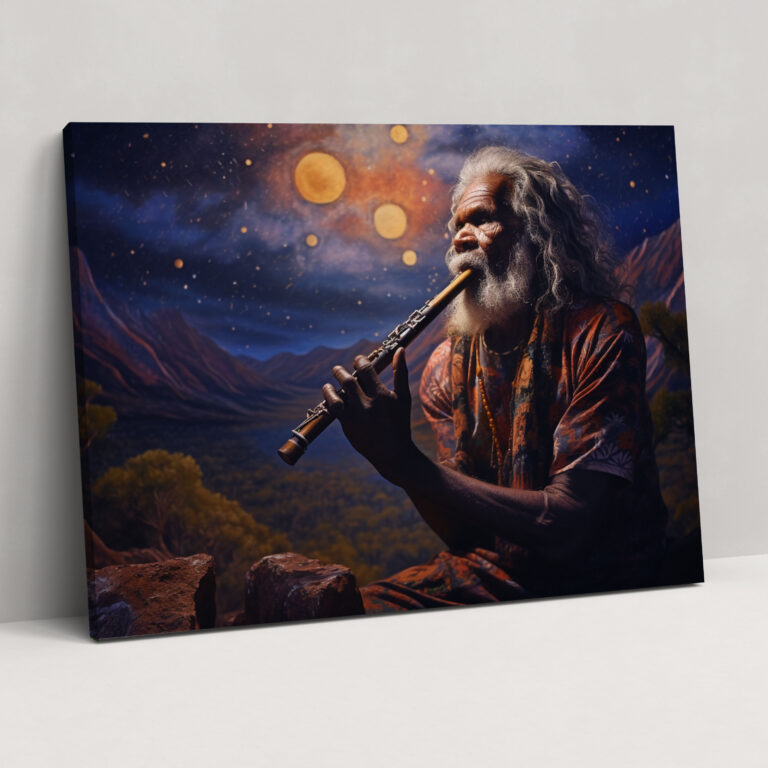 Aboriginal Wall Art - Aboriginal Elder Playing Didgeridoo Under Starry Night Sky - Aborginal, Wall Decoration, Aboriginal, Musical Heritage