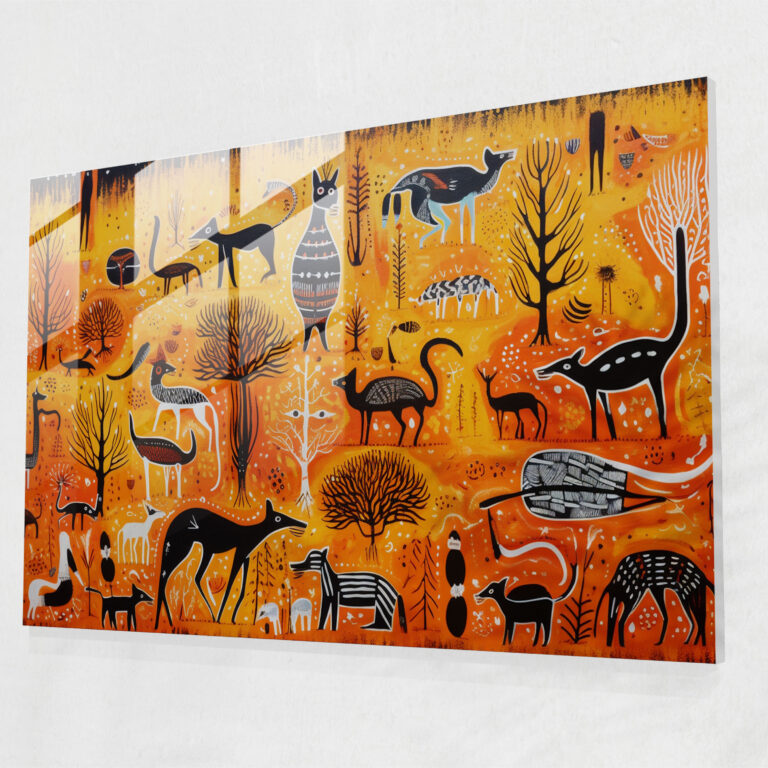 Aboriginal Glass Print - Vibrant Australian Outback Animals - Aborginal, Wall Decoration, Glass Wall Art, Cultural Heritage