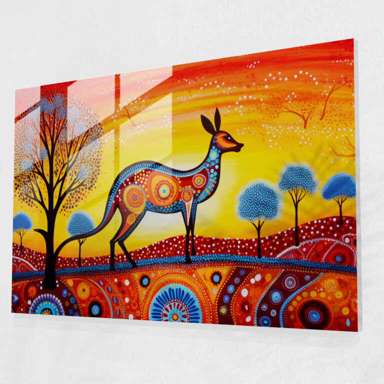 Aboriginal Dot Painting Glass Print - Aborginal, Australian Outback, Wall Decoration, Kangaroo