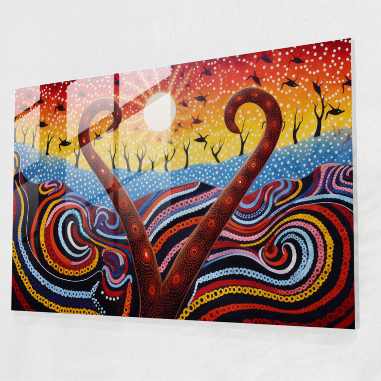 Traditional Aboriginal Rainbow Serpent Glass Print - Aborginal, Glass Wall Art, Wall Decoration, Traditional Aboriginal Artwork