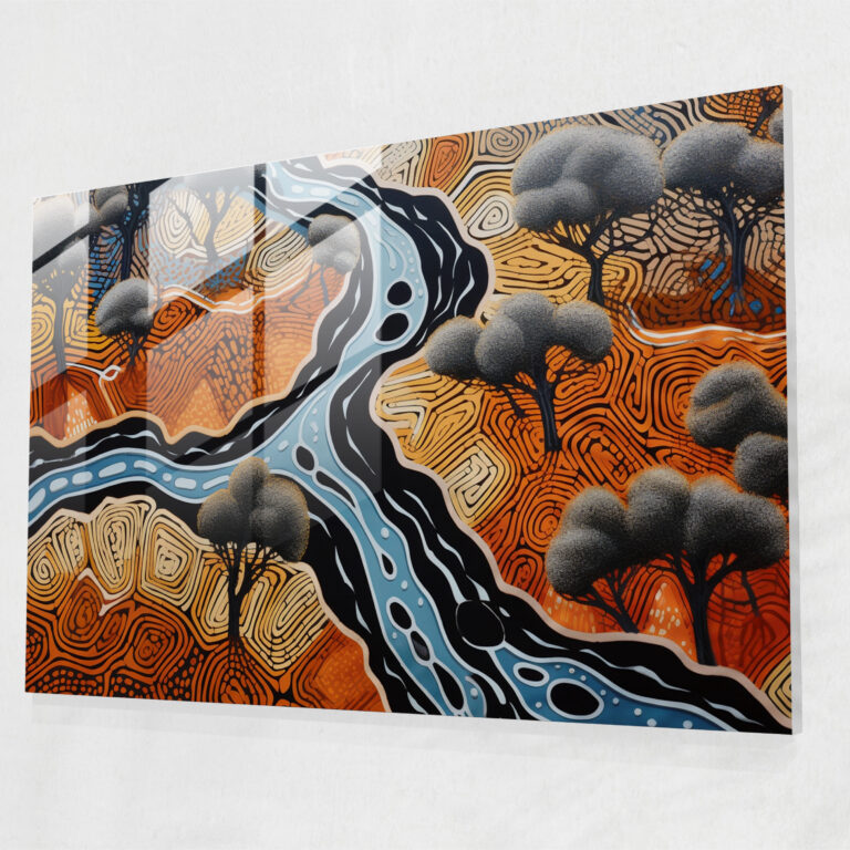 Contemporary Aboriginal Aerial View Glass Print - Aborginal, Wall Decoration, Glass Wall Art, Land Formations