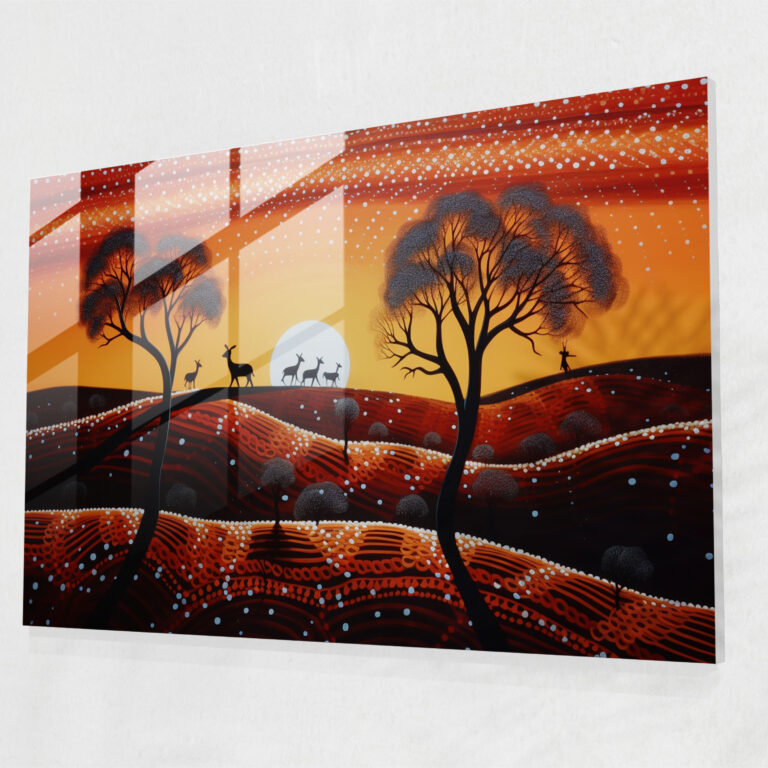 Aboriginal Glass Print - Kangaroos In The Outback - Aborginal, Dot Painting, Glass Wall Art, Outback