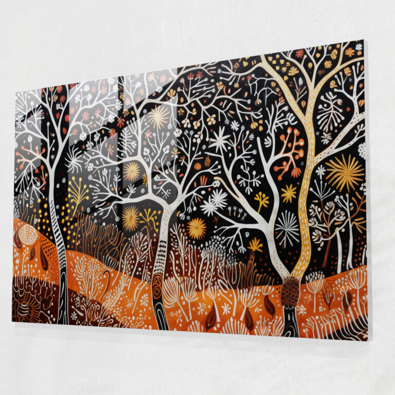 Indigenous Bark Painting Glass Wall Art - Aborginal, Symbols, Glass Wall Art, Lines