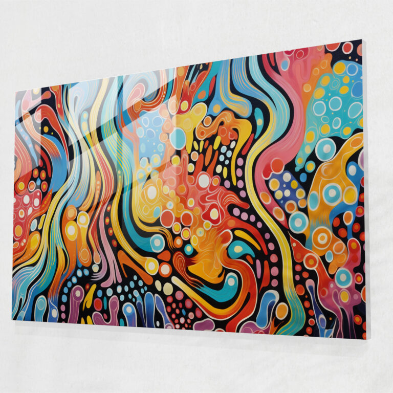 Aboriginal Glass Print: Vibrant Abstract Painting - Aborginal, Glass Art, Modern Art, Vibrant Colors