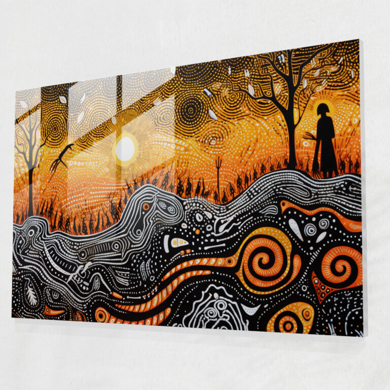 Aboriginal Glass Print: Intricate Line Work - Aborginal, Aboriginal, Traditional Storytelling, Intricate Line Work