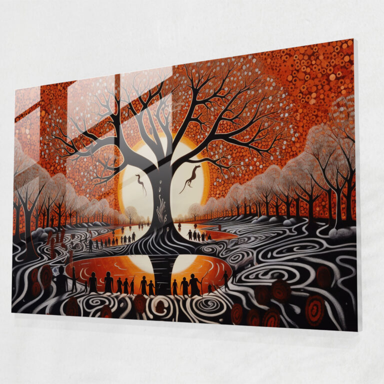 Aboriginal Glass Print: Nature And Spirituality - Aborginal, Contemporary Artwork, Wall Decoration, Glass Print