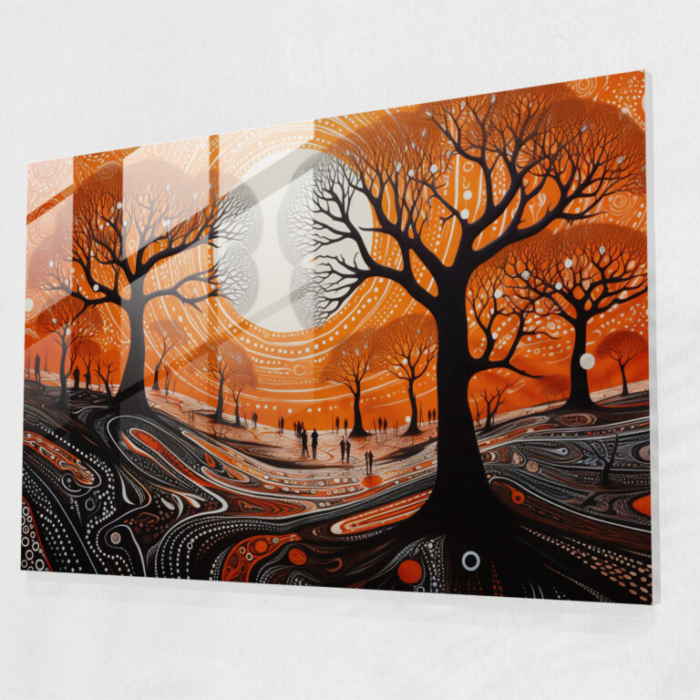 Aboriginal Glass Wall Art: Enigmatic Whispers - Aborginal, Traditional Symbolism, Glass Print, Dreamlike Elements