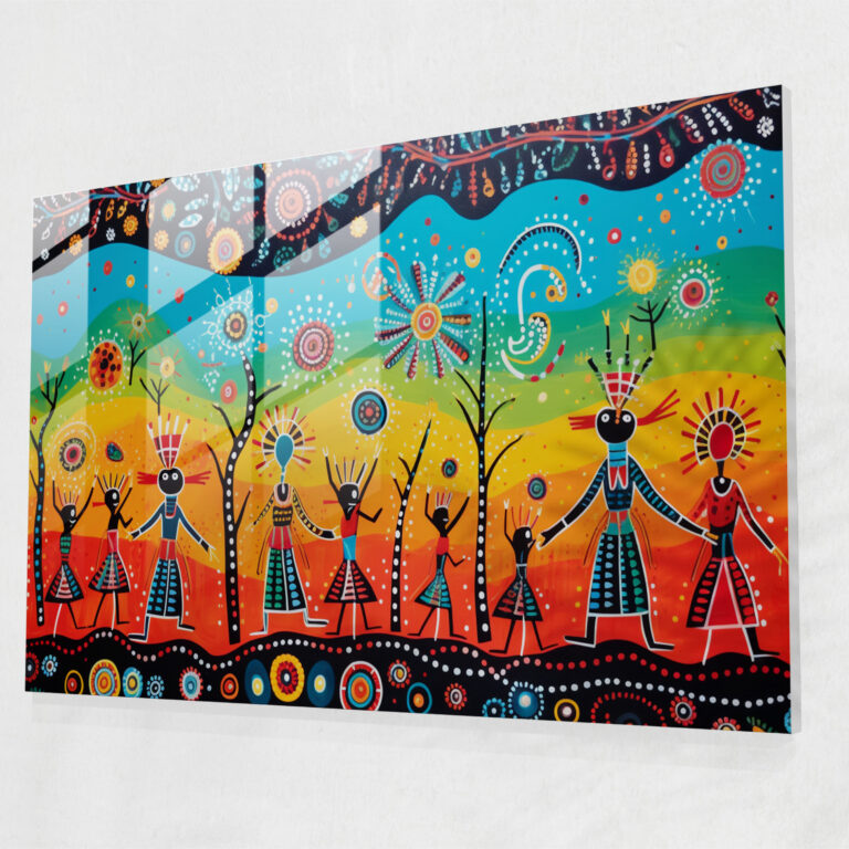 Aboriginal Glass Print: Joyful Whimsy - Aborginal, Whimsical, Aboriginal, Wall Decoration