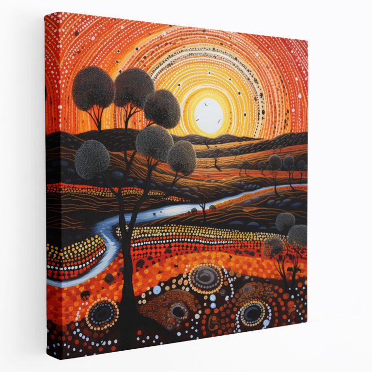 Aboriginal Canvas Print: Sunset Over The Outback - Aboriginal, Wall Art, Dot Painting, Canvas Wall Art