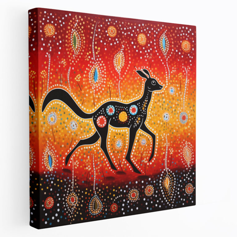 Aboriginal Dot Painting Canvas Print - Kangaroo In The Outback - Aboriginal, Outback, Bold Colors, Home Decoration