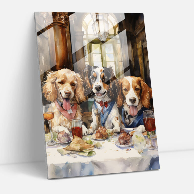 Animals Dressed Like Humans Glass Wall Art - Watercolor Painting - Animals Dressed Like Humans, Wall Decoration, Glass Print, Dogs At Restaurant