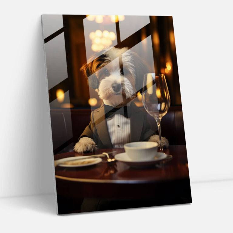 Animals Dressed Like Humans Glass Print - Animals Dressed Like Humans, Dog With Bowtie, Realistic Photography, Glass Print