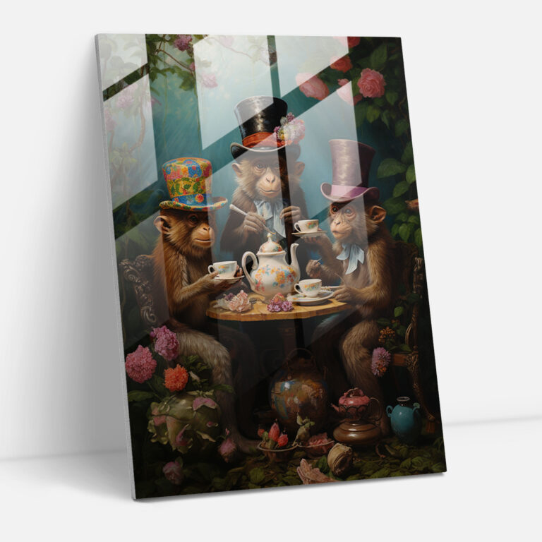 Animals Dressed Like Humans Glass Print - Animals Dressed Like Humans, Elegant Victorian Attire, Modern Art, Tea Party