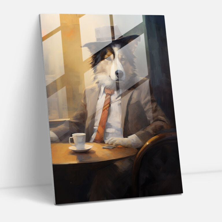 Animals Dressed Like Humans - Coffee Shop Dog Glass Print - Animals Dressed Like Humans, Dog, Glass Wall Art, Animals Dressed Like Humans