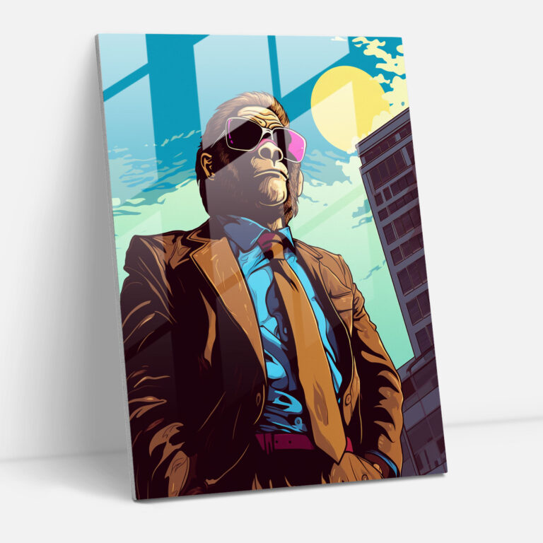 Animals Dressed Like Humans - City Monkey Glass Print - Animals Dressed Like Humans, Glass Wall Art, Glass Print, Pop Art Style