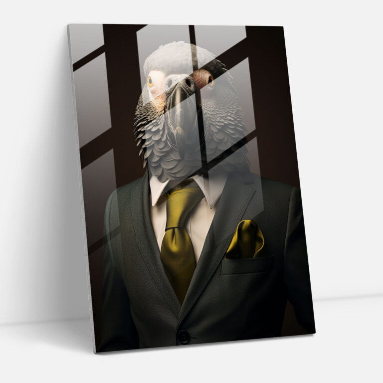 Animals Dressed Like Humans - Confident Parrot Glass Print - Animals Dressed Like Humans, Confidently, Home Decoration, Modern Art