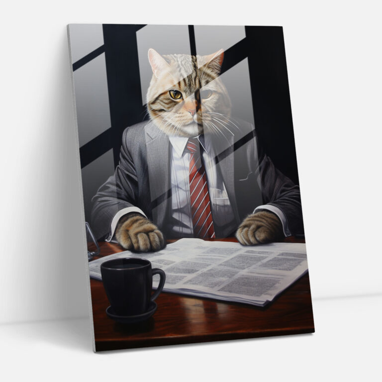 Animals Dressed Like Humans Glass Print - Animals Dressed Like Humans, Realistic Oil Painting, Corporate Office Setting, Modern Art