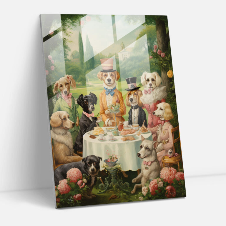 Dogs Dressed Like Humans Glass Print - Animals Dressed Like Humans, Wall Decoration, Animals Dressed Like Humans, Tea Party