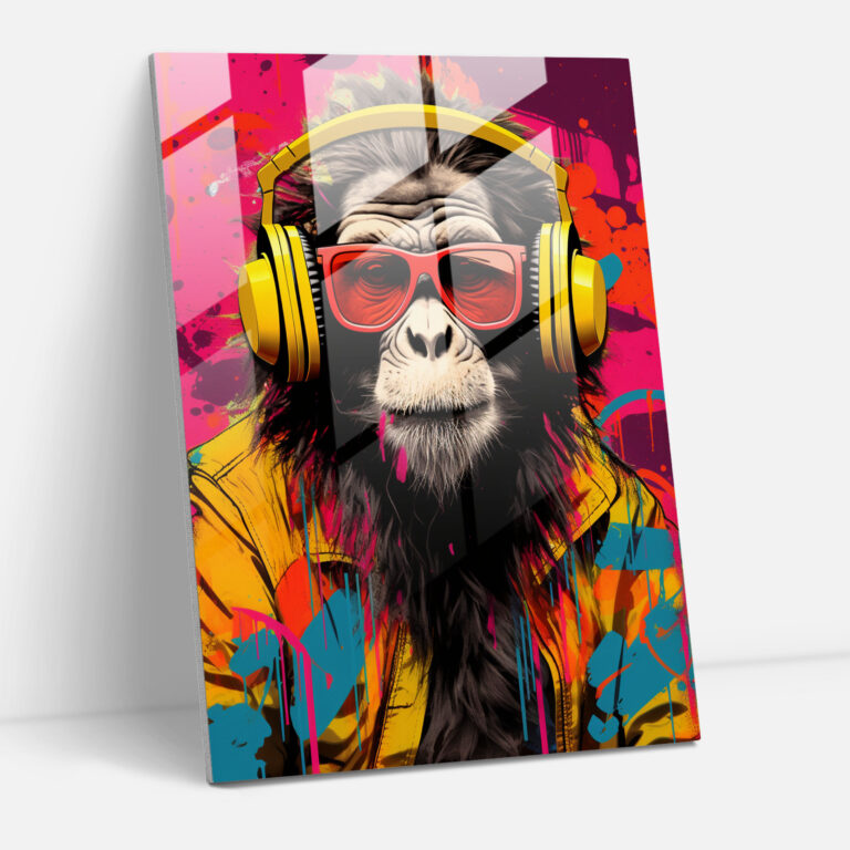 Monkey Dressed Like Human Glass Print - Animals Dressed Like Humans, Wall Decoration, Home Decoration, Graffiti Background