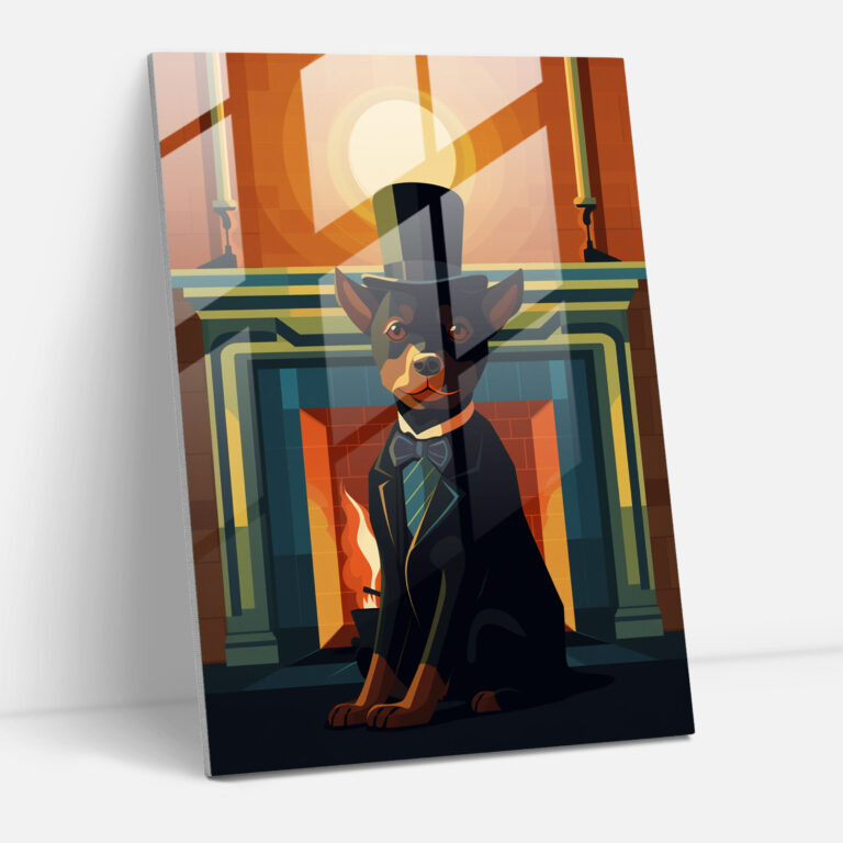 Dog Dressed Like Human Glass Print - Animals Dressed Like Humans, Fireplace, Home Decoration, Modern Art