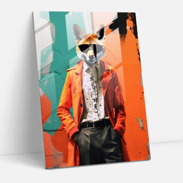 Fox Dressed Like Human Glass Print - Animals Dressed Like Humans, Street Art Mural, Contemporary Collage, Animals Dressed Like Humans