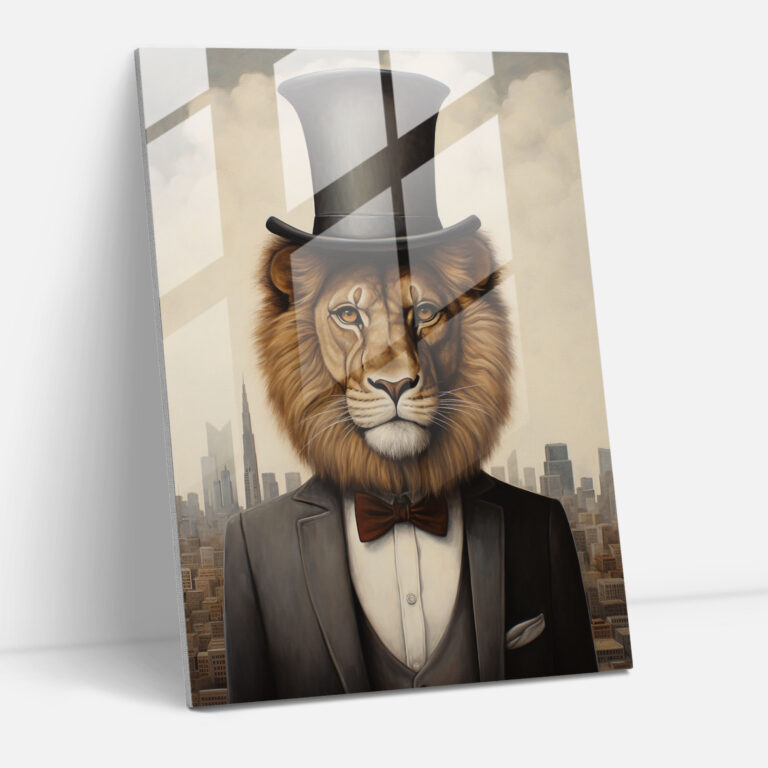 Lion Dressed Like Humans Glass Print - Animals Dressed Like Humans, Glass Wall Art, Wall Decoration, Home Decoration