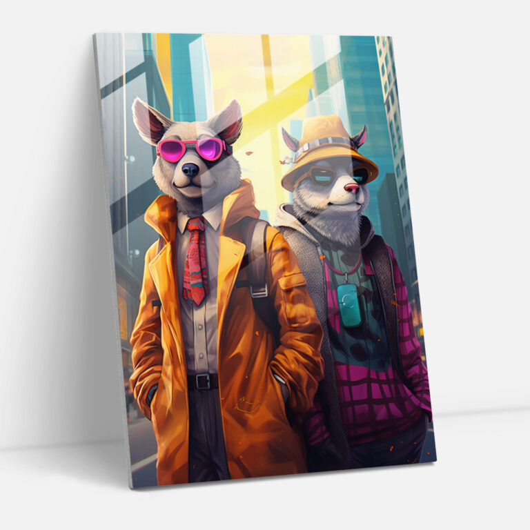 Animals Dressed Like Humans Glass Print - Animals Dressed Like Humans, City Setting, Home Decoration, Digital Illustration