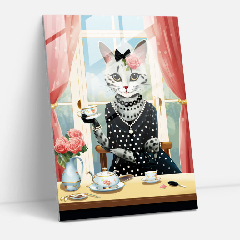 Animals Dressed Like Humans Glass Wall Art - Animals Dressed Like Humans, Sipping Tea At A Fancy Table, Modern Art, Glass Wall Art