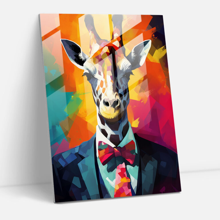 Animals Dressed Like Humans Home Decoration - Animals Dressed Like Humans, Giraffe Wearing A Tuxedo And Looking Dapper, Contemporary Digital Painting, Glass Wall Art