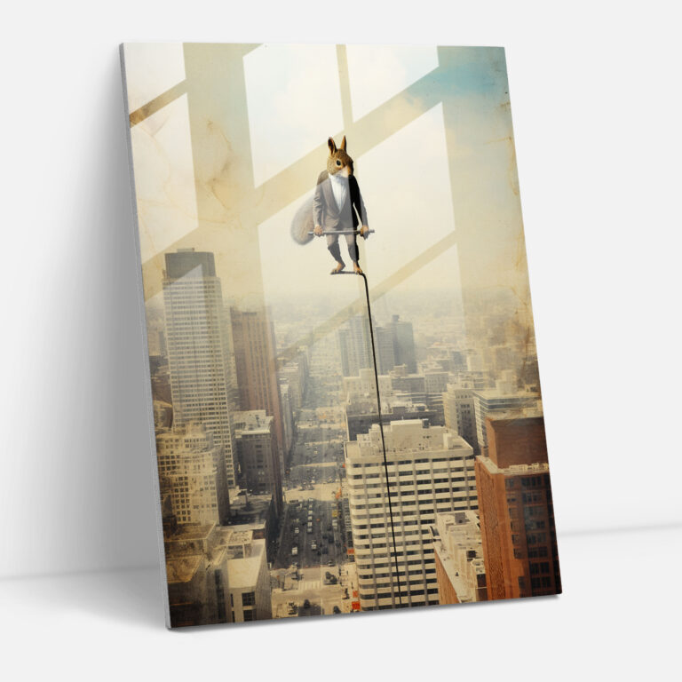 Animals Dressed Like Humans Glass Wall Art - Animals Dressed Like Humans, Wall Decoration, Walking On A Tightrope High Above The City, Glass Art