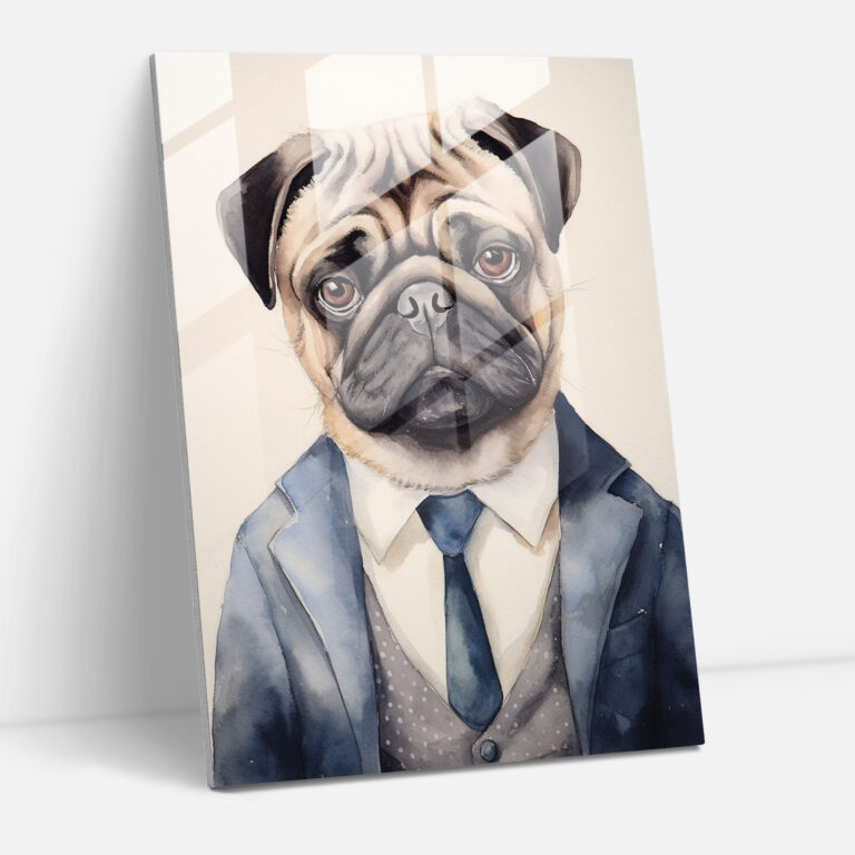 Dapper Dog Glass Print - Animals Dressed Like Humans, Watercolor Portrait, Wall Decoration, Glass Art