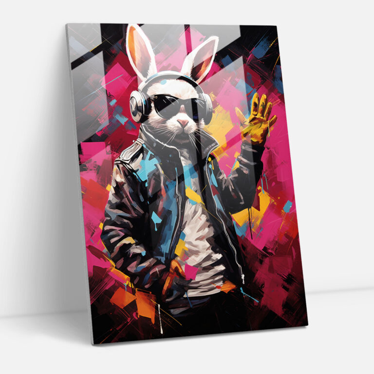 Hip Hop Hare Glass Print - Animals Dressed Like Humans, Pop Art Inspired Painting, Glass Art, Modern Art