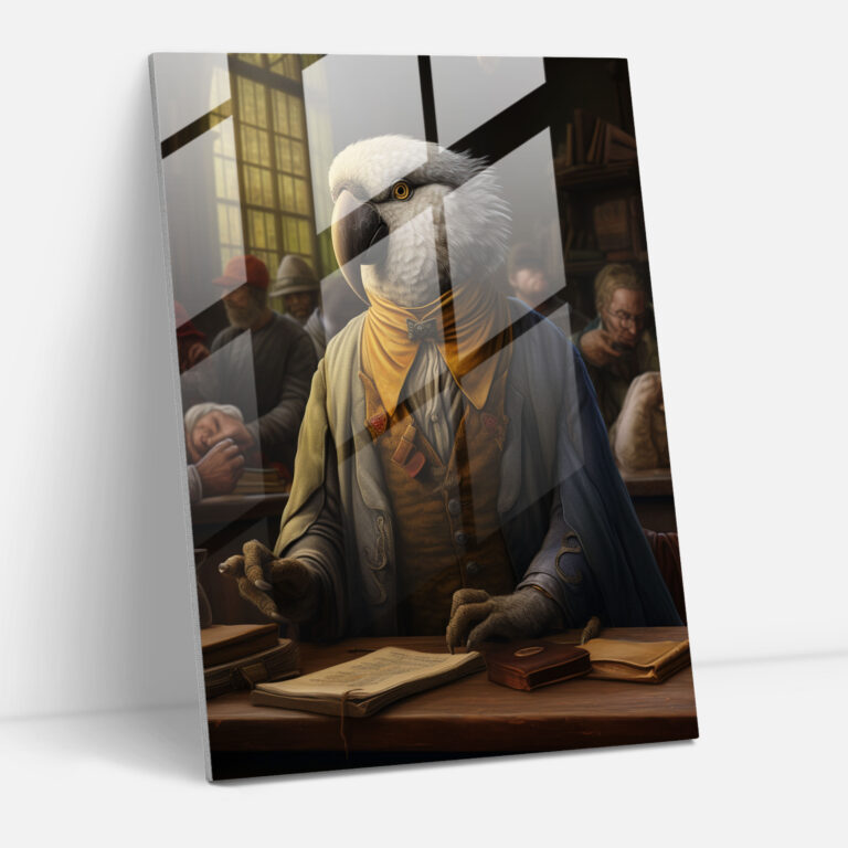 Wise Parrot Glass Print - Animals Dressed Like Humans, Animals Dressed Like Humans, Home Decoration, Glass Wall Art