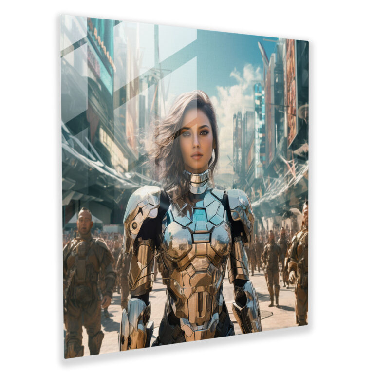 Amazon Women Glass Print - Amazon Women, Futuristic Cityscape, Home Decoration, Strength