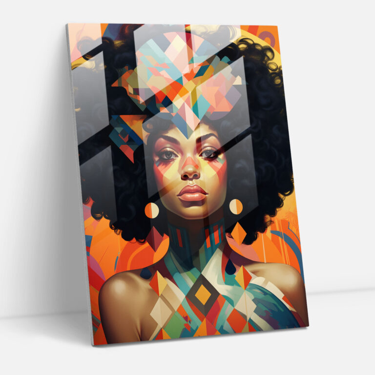 Afro Glass Print - Contemporary Digital Glass Wall Art - Afro, Geometric Background, Afro Woman, Contemporary Digital Illustration