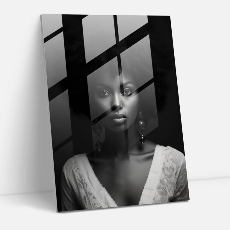 Afro Glass Print - Elegant Black & White Portrait - Afro, Black And White Photograph, Confident Gaze, Modern Art