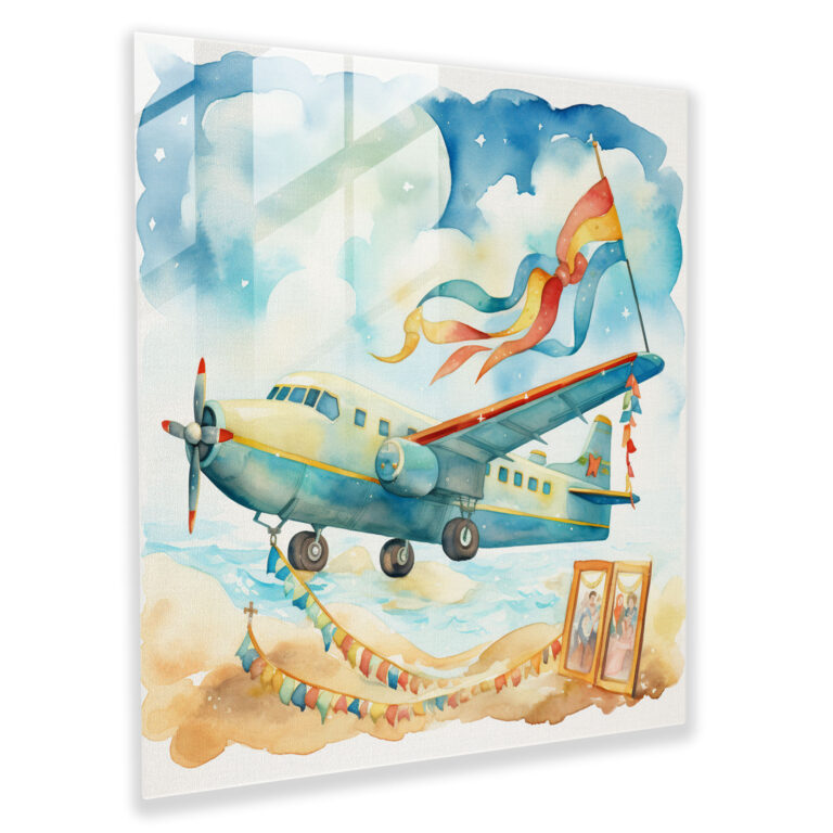 Airplane Glass Print - Watercolor Illustration - Airplane, Joy, Glass Wall Art, Celebration