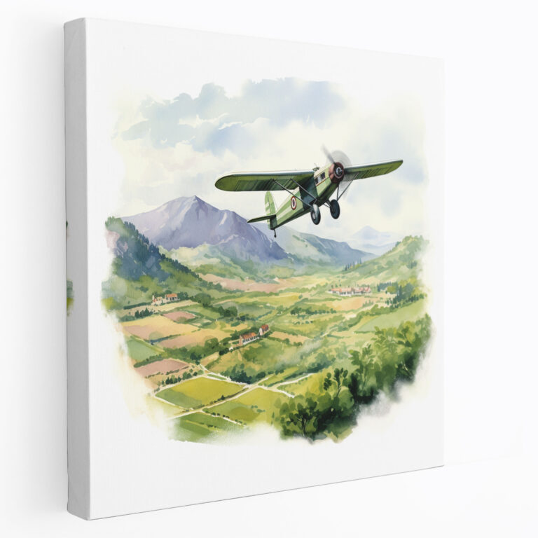 Vintage Airplane Canvas Print - Watercolor Illustration - Wall Decoration - Airplane, Scenic Landscape, Canvas Wall Art, Wall Decoration