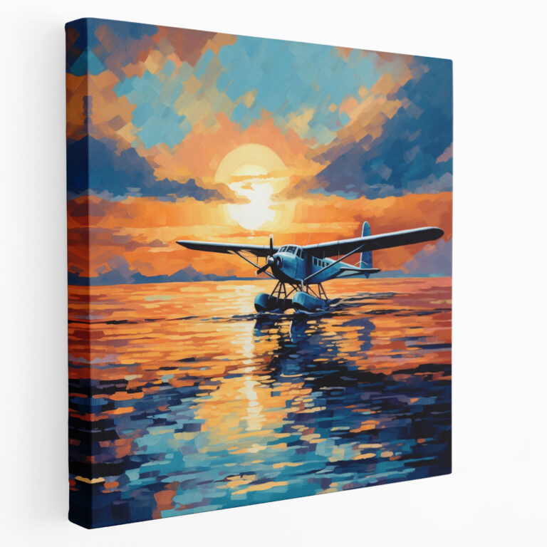Airplane Canvas Print - Impressionist Sunset Wall Decoration - Airplane, Blue Waters, Canvas Wall Art, Tranquil