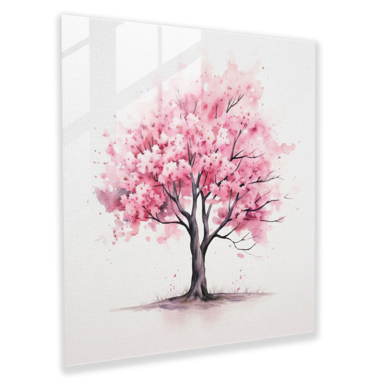 Asian Blossom Glass Print - Asian, Cherry Blossom Tree, Minimalist Watercolor Illustration, Glass Wall Art